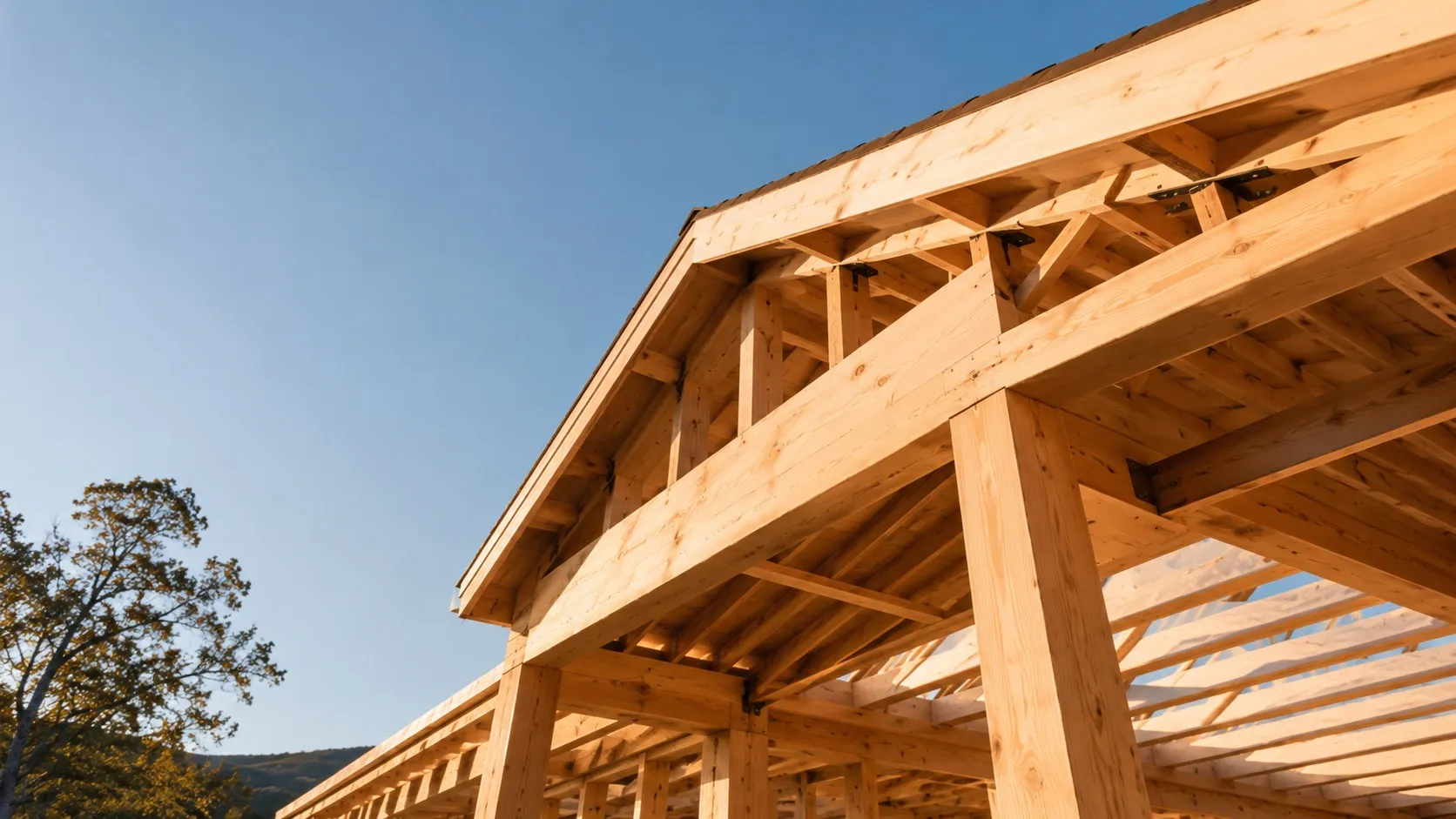 Freshly installed structural timber framing and beams against a clear sky