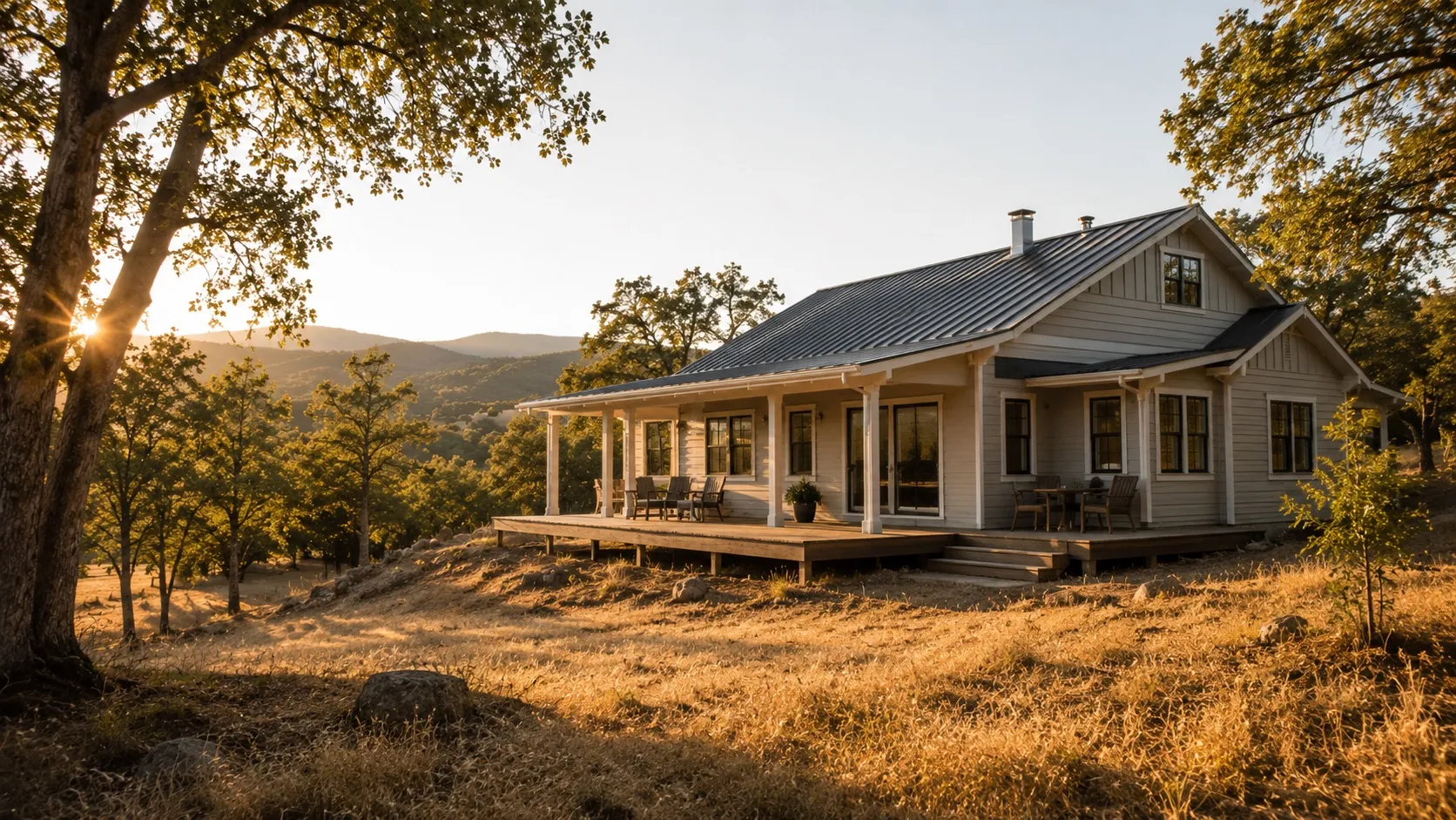A home with a wraparound deck on an oak-woodland lot
