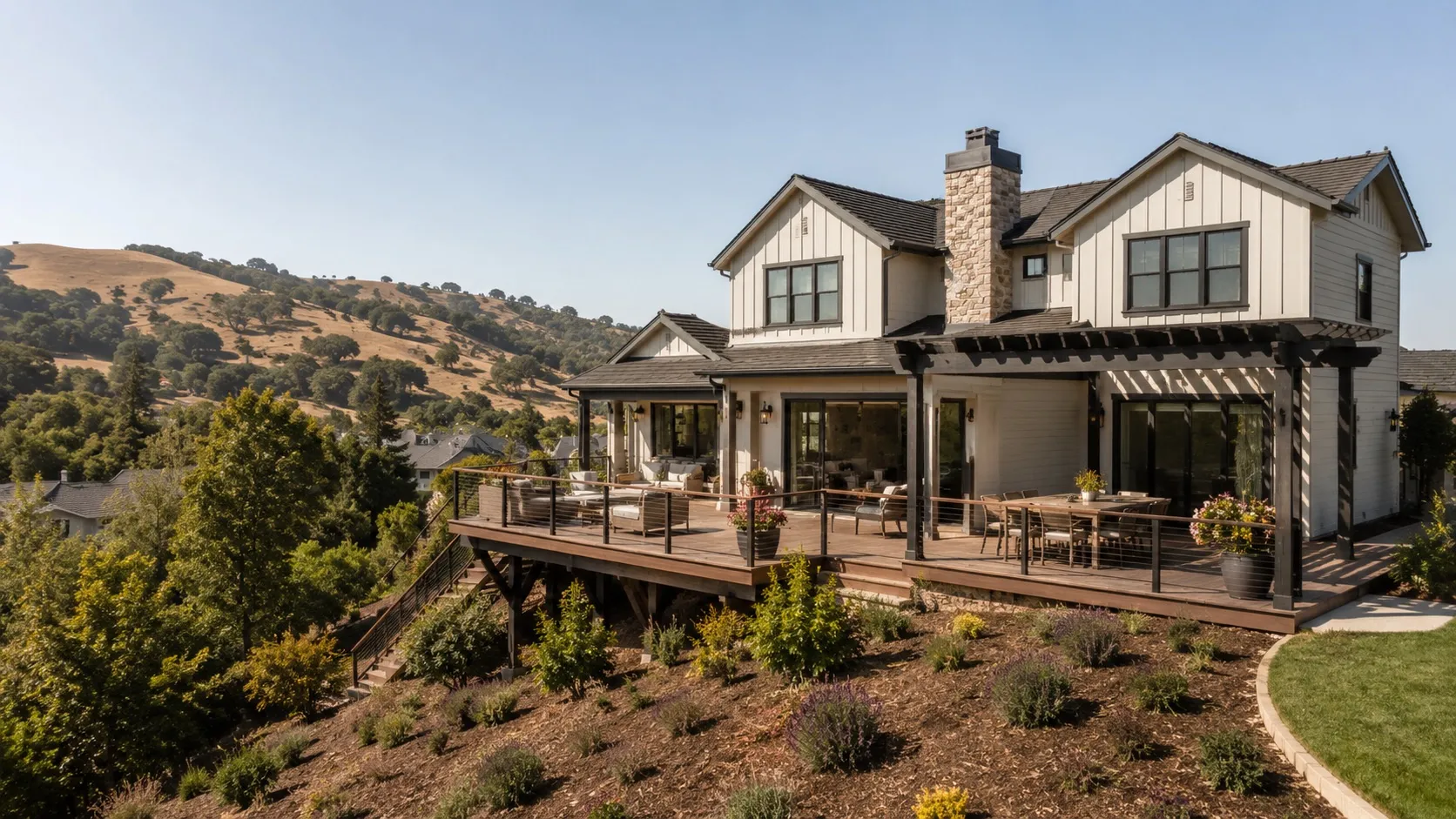 A two-story hillside home with an elevated deck in El Dorado Hills